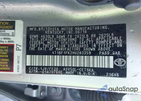 2017 Toyota Camry Se z USA, uszkodzony, nr VIN 4T1BF1FK2HU283359
